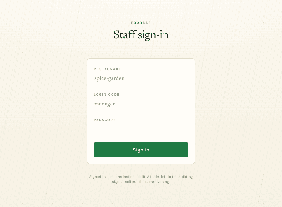 Foodbae staff sign-in screen with restaurant, login code and passcode fields