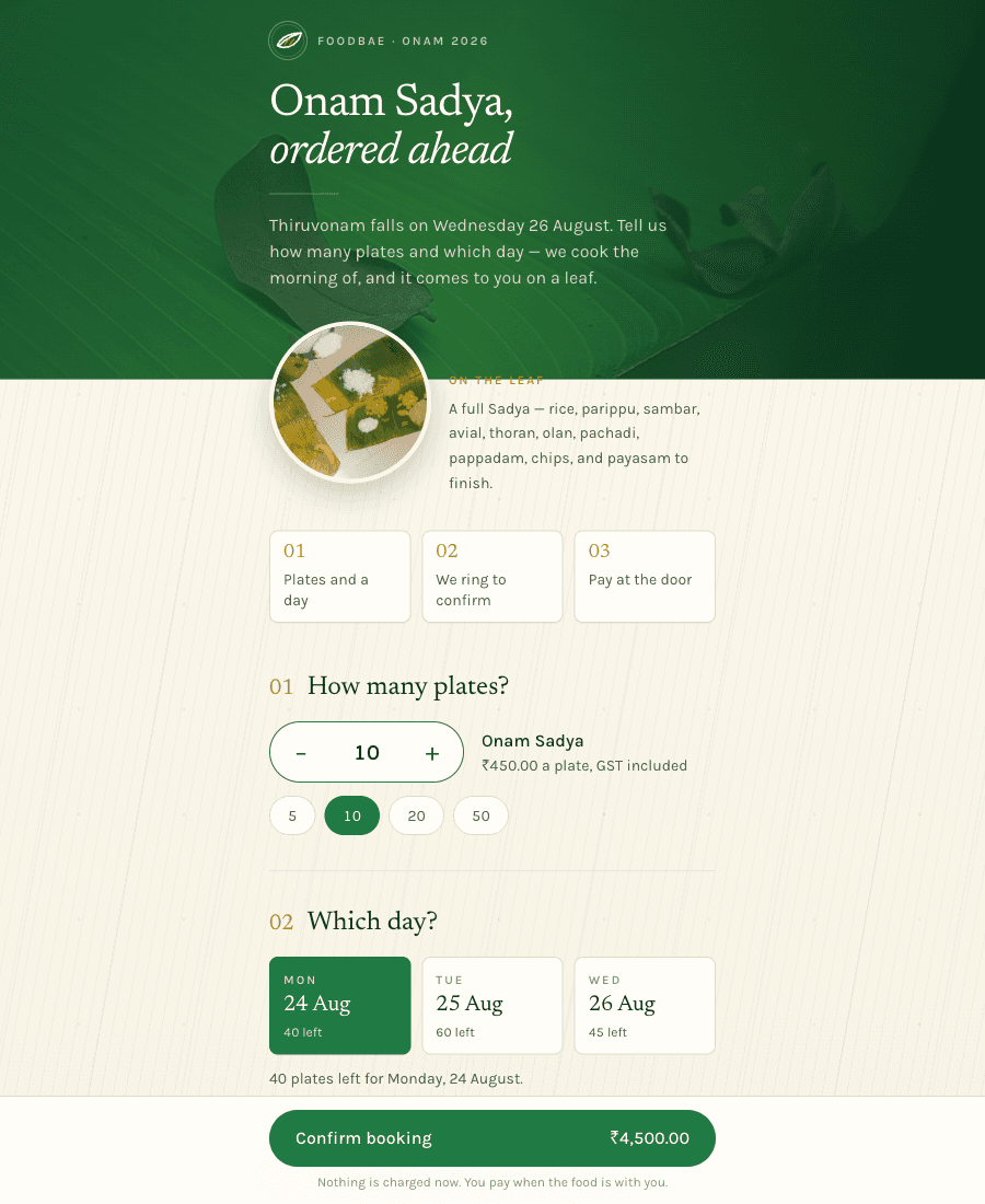 Foodbae Onam Sadya order-ahead page showing plate count, dates with remaining stock, and a ₹4,500 booking total